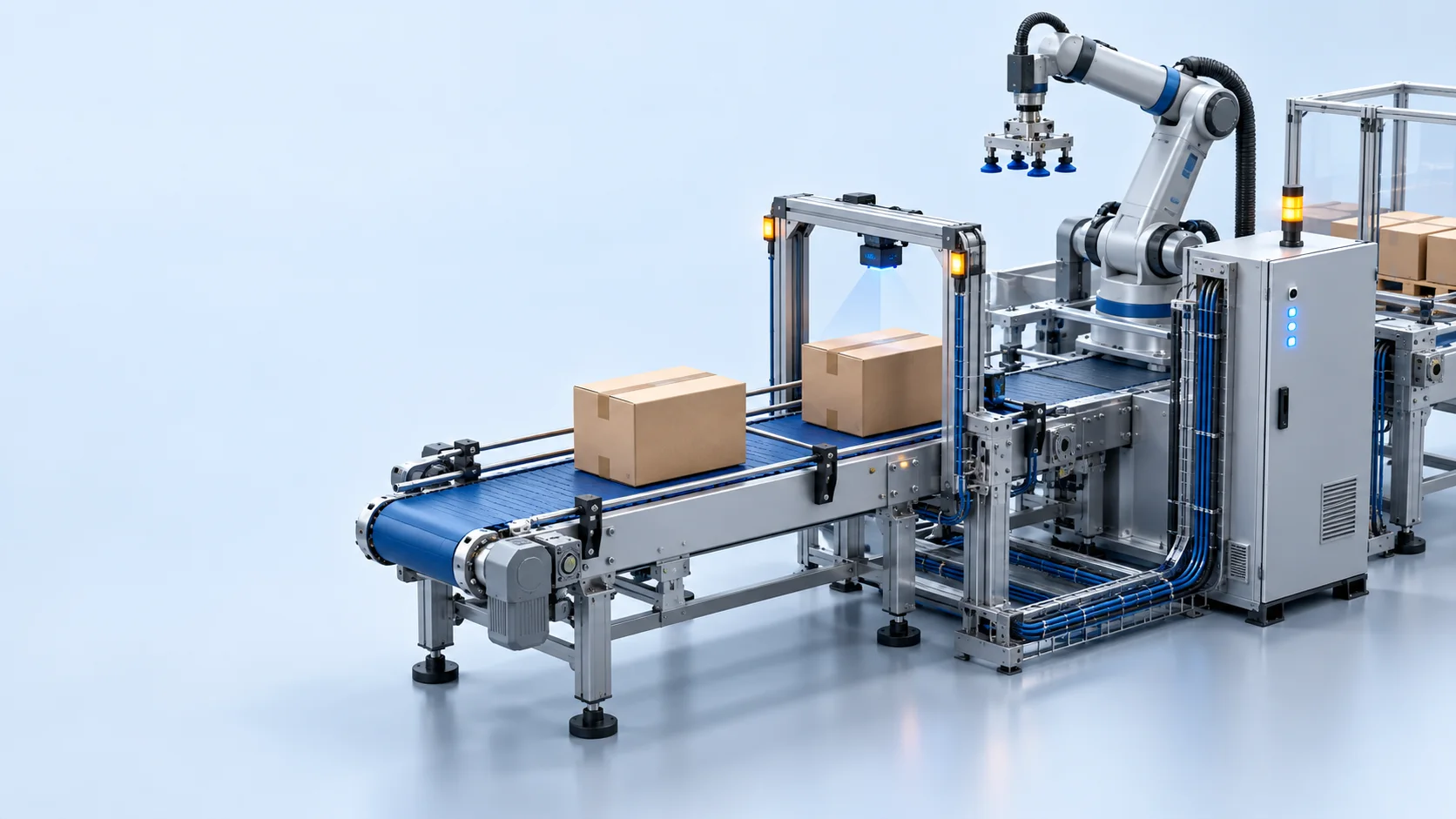 A modeled production cell with conveyors, inspection equipment and a palletizing robot